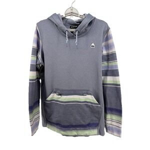 Burton Oak Long Pullover Hoodie Sweatshirt Women's L Gray Blue Multi Stripes